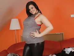 KiloPantyhose presents: Pregnant lady oils up her huge belly and big tits - preggo