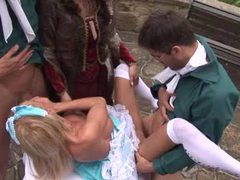 KiloPantyhose presents: Costume porn group sex with hottie outdoors