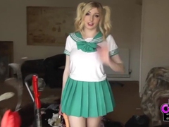 KiloPantyhose presents: Costume babe in a miniskirt fucks a toy outdoors