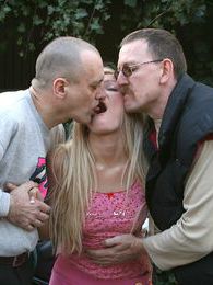 KiloPantyhose presents: Petite blonde teenie girl enjoying two old biker penises