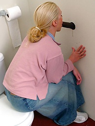KiloPantyhose presents: Blonde girl Jamie sits on the toilet and blows a black gloryhole dong
