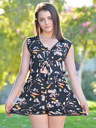 KiloPantyhose presents: Svelte american dark-haired teen Kylie Quinn in shorts toys her twat outdoor