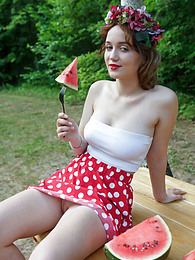 KiloPantyhose presents: Nice belarusian stunner Rokki removes all clothes on a blanket in a backyard